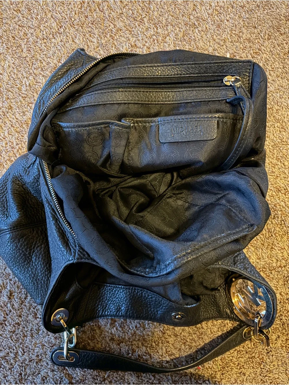 Michael Kors “Fulton” Black Pebbled Leather Hobo Bag with Gold Hardware